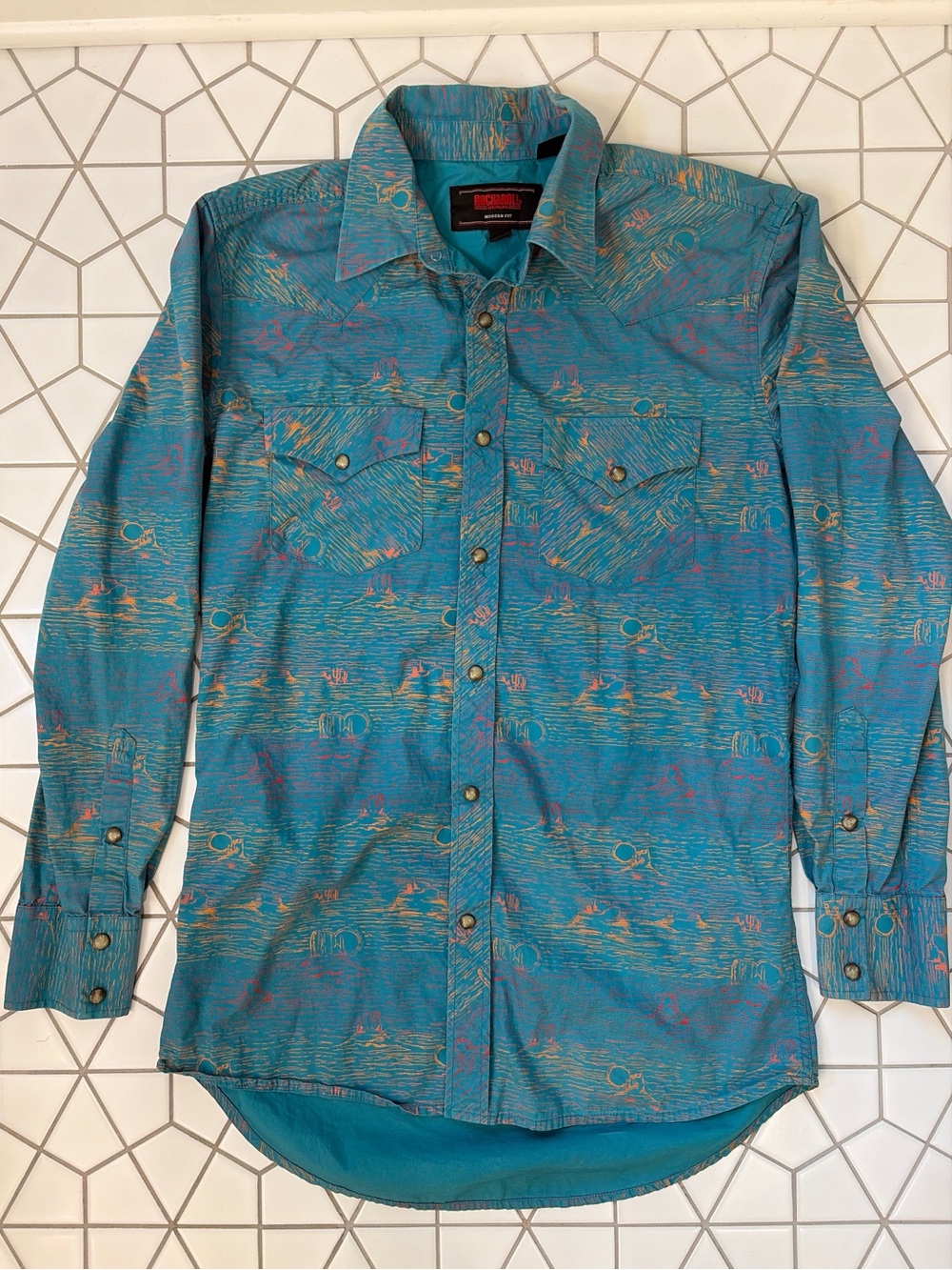 Rock & Roll Denim Western Shirt Mens S Teal Pearl Snap Desert Print Yoke Cowboy